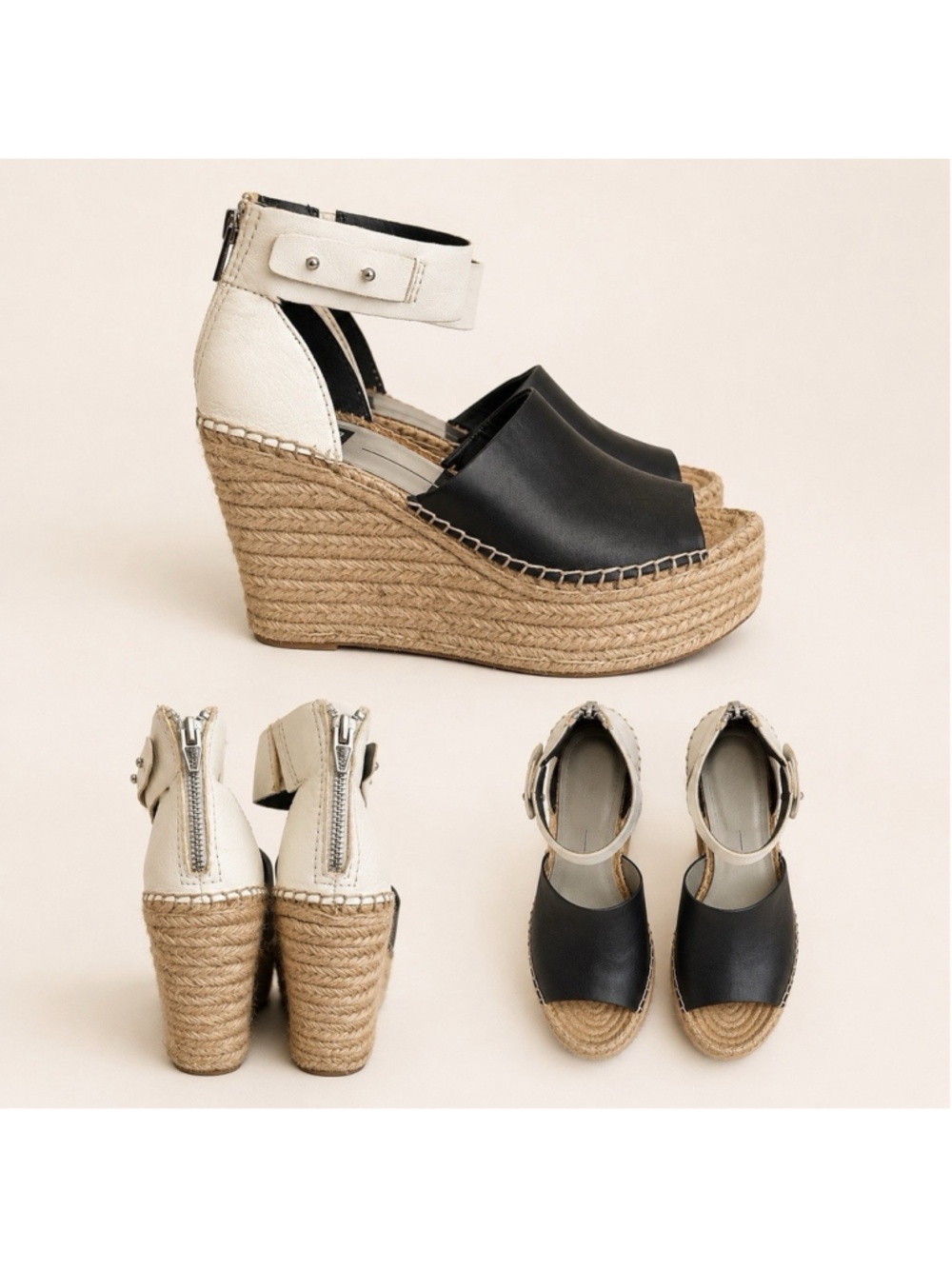 Dolce Vita Women's 7.5 Black White Leather Espadrille Platform Wedge Sandals